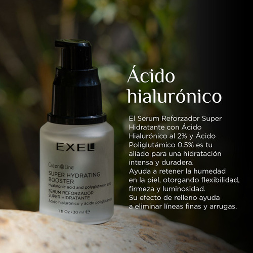 Serum Acido Hialuronico Vegano libre de Tacc y gluten Green Line Dermovegan Sincare Exel con Acido Poliglutamico Extracto de Aloe Vera Pantenol Provitamina B5 Extractos vegetales 30ml