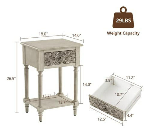 Mesa De Noche Vintage Cosiest, 2 Piezas, Mdf, 2 Niveles, Caj
