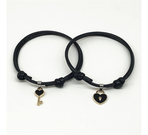 Pulsera Cuero Pareja Amistad Candado Llave Negro  