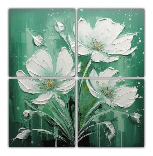 160x160cm Conjunto De Cuadros De Flores Verde Y Plata - Deco
