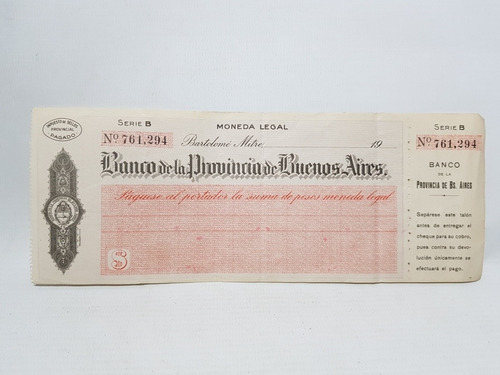 Antiguo Cheque Pcia. Buenos Aires Sin Circular Mag 57564