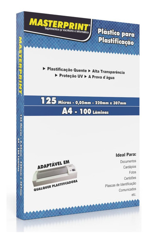 100un Plástico P/ Plastificação A4 220x307x0,05mm 125 Micras