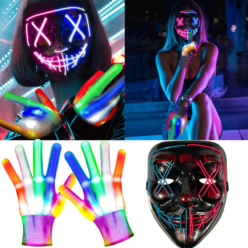 A Guantes De Esqueleto Con Máscara De Hacker Con Purgas Led