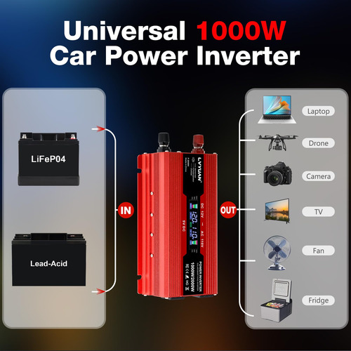Convertidor De Corriente Para Carro Lvyuan 1000w 12v A 110v