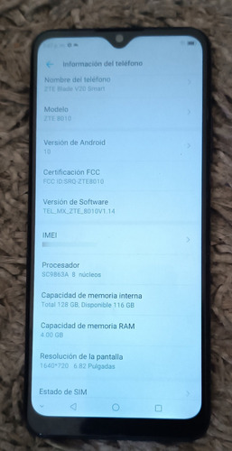 Zte Blade V20 Smart, 128 Gb De Memoria Y 4 Gb Ram, Libre Para Cualquier Compañía, Sensor De Huella, Desbloqueo Facial, Muy Buena Estetica Azul (Usado)