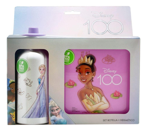 Set Escolar Botella + Hermético Disney 100 Años Para Niñas