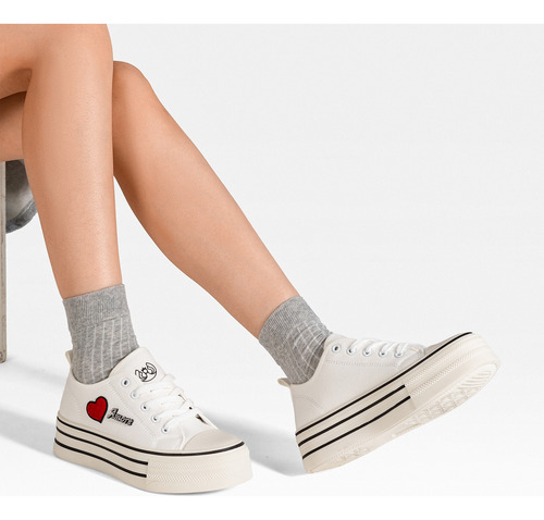 Zapatillas Lona Mujer Corazón Punta Redonda Casual Antideslizante Moda Lindo Suela Resistente Weide