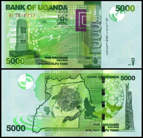 Aa#60 Billete 5000 Shillings Uganda 2015 Nido Hermoso