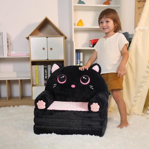 Sofá Plegable Para Niños 2 En 1 Silla Y Sillón De Terciopelo Color Negro Diseño De La Tela Gatito