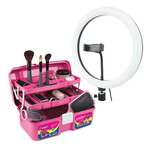 Kit Ring Light 12 Apoio Mesa Led 10w+ Maleta Maquiagem Rosa