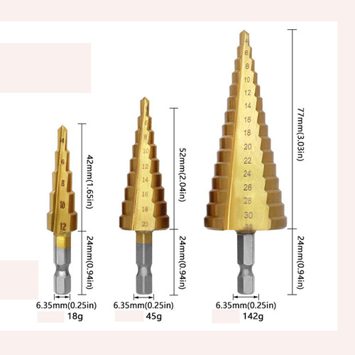 3x Broca Escalonada 4-12/4-20/4-32mm Metal Mango Hexagonal