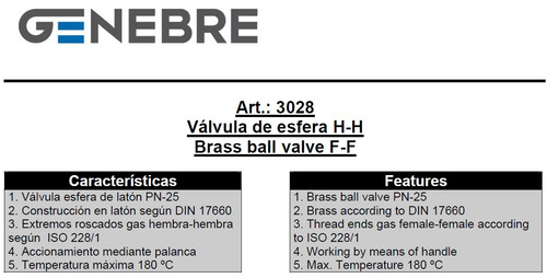 Imagen 2 de 4 de Válvula Esférica Genebre Latón Ø2 1/2 Art. 3028