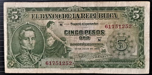 Imagen 1 de 2 de Billete 5 Pesos Oro 20/jul/1960 Colombia Vf