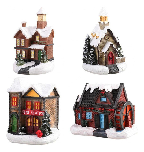 4 Piezas Resina, Navidad, Nieve, Casas, Led, Pueblo, Set [u]