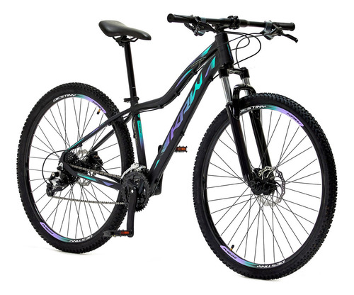Bicicleta Aro 29 Krw Alumínio 24vel Hidráulico Suspensão S2 Cor Preto/Lilas e Turquesa