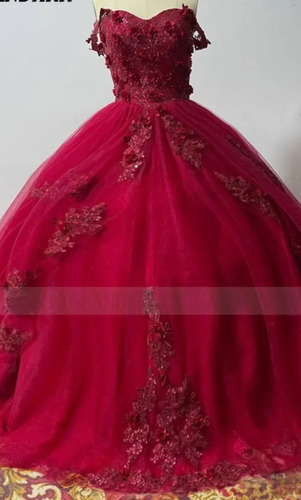 Vestido De Xv Quinceañera Vino Rojo Apliques De Flores