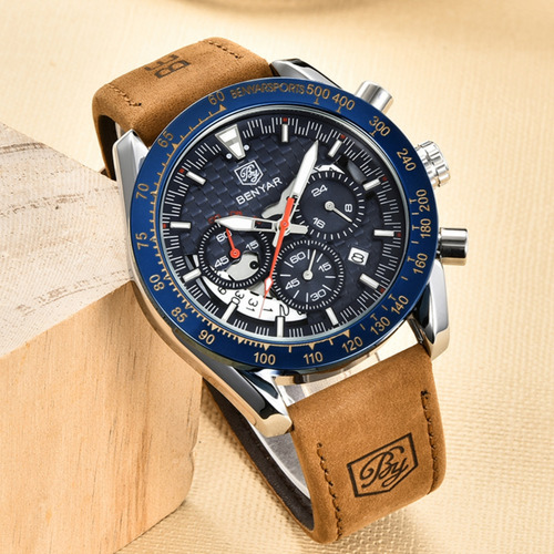 Reloj De Cuarzo Benyar BY5175 Para Hombre Cronógrafo A Prueba De A Correa Marrón Bisel Plateado Fondo Azul