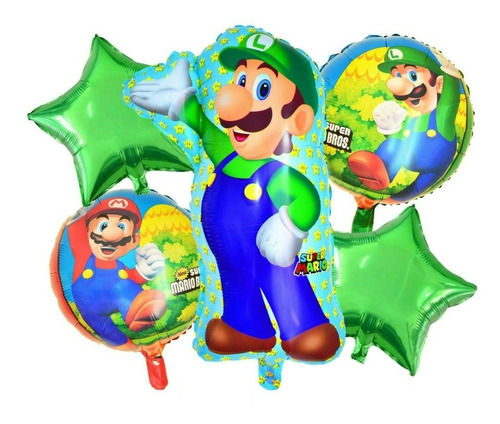Bouquet De 5 Globos Foil Tematica Luigi Super Mario Bros