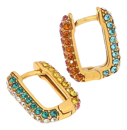 Aretes Arracadas Rectangular Multicolor Rainbow Baño Oro 18k