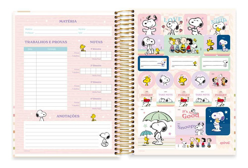 Caderno 10 Matérias Snoopy Pre 160 Fls Capa Dura Cor Bege