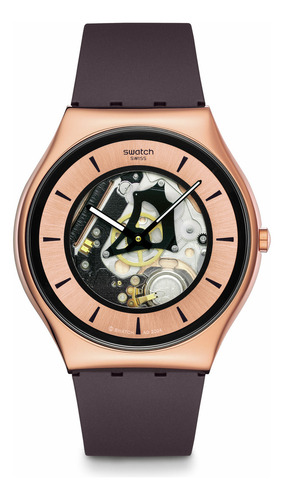 Reloj Swatch Copper Flame Ss07g107 Correa Marrón Bisel Rosa Fondo Rosa