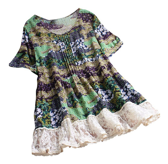 Patchwork De Encaje Floral Plisado Mujer Manga Corta Vintage Patchwork De Encaje Floral Plisado Mujer Manga Corta Vintage