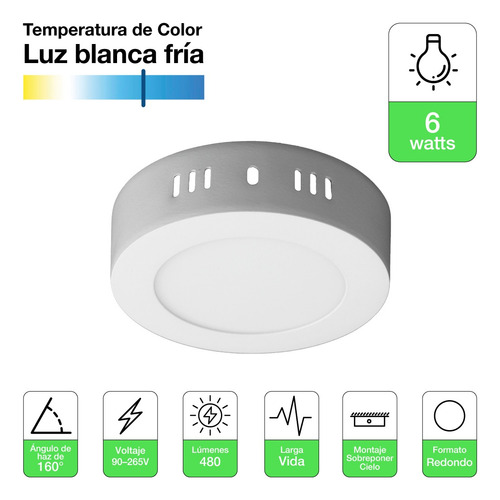 Pack 6 Panel Led Foco Plafón Sobrepuesto Redondo 6w Luz Fría