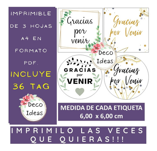 Imagen 5 de 5 de Kit Emprendedores 01 Gracias Por Venir A Color Tag Etiquetas