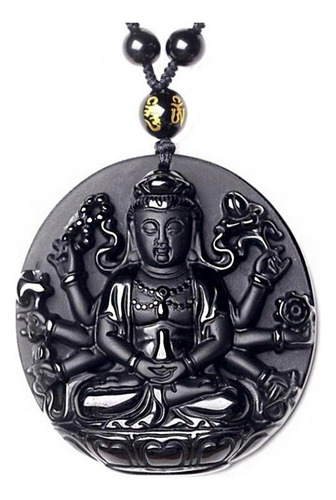 Colar Com Pingente Buda Adorando Amitabha Relevo Preto 30cm