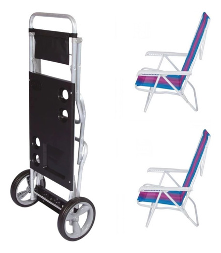 Kit Carrinho De Praia Com Avanço + 2 Cadeiras De Praia Aço