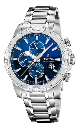 Reloj Festina F20704.4 Hombre Cronografo Acero Inox Azul Malla Plateado Bisel Plateado