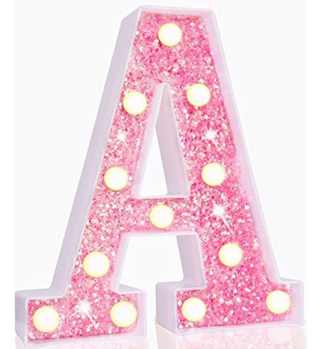 Letra Decorativa Con Luz Led Plastico Rosa Glitter Letra A