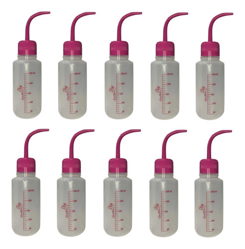 10 Pisseta Plastica Tampa Rosa Graduada Bico Curvado 250ml