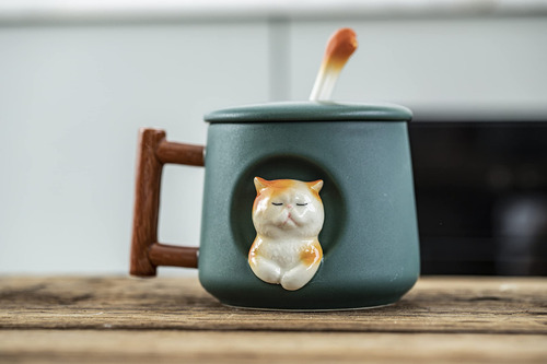 Taza De Café De Cerámica Con Tapa Y Cuchara A Juego, Tazamcd