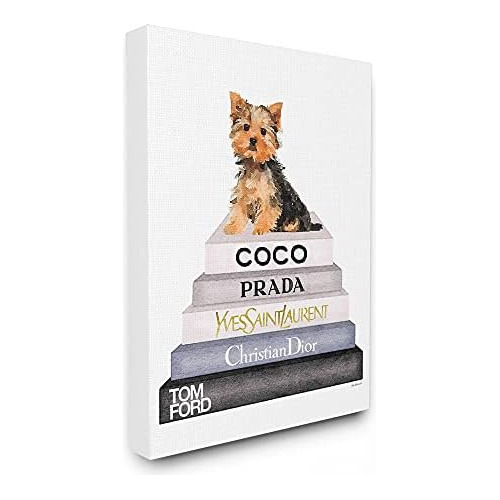 Pila De Libros Yorkie Dog Glam   Arte De Pared Lienzo A...