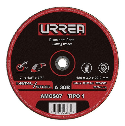 Disco Abrasivo Tipo 1 Para Metal 7 X 1/8 Urrea Color Negro