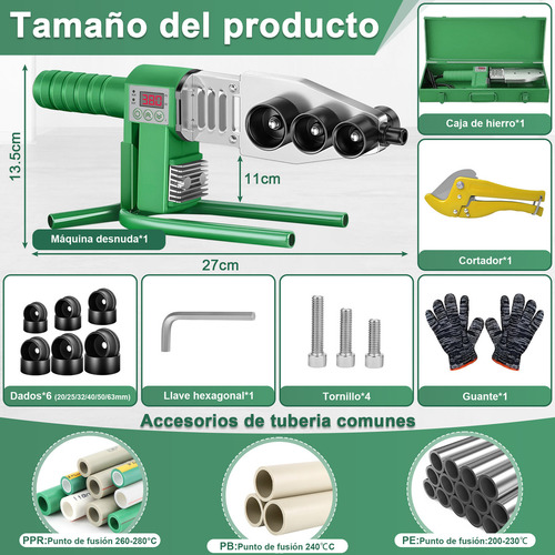 1200w Termofusor Kit Con Pantalla Digital y 6 Dados 20-63mm Merion Verde