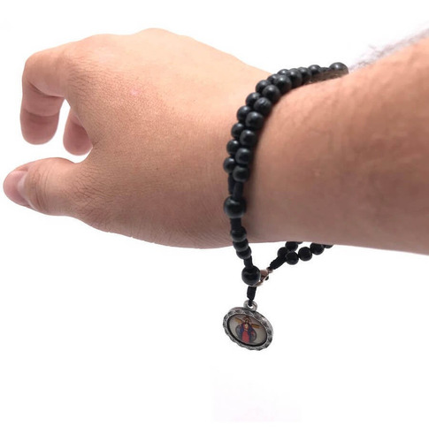 Pulseira Terço De Pulso Das Santas Chagas E São Bento Preta Comprimento 22 Cm Diâmetro 7 Cm