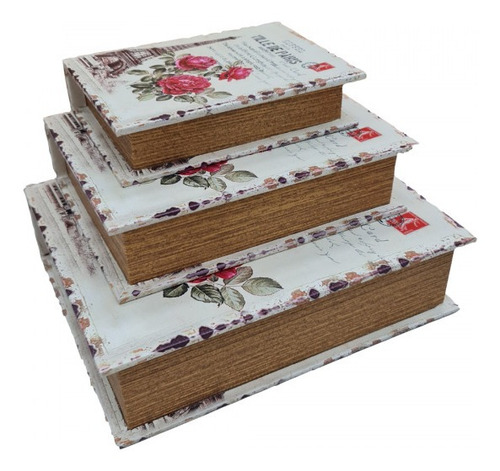 Imagem 3 de 5 de Jogo Caixa Livro Decorativo - 3 Peças Mdf + Pu - G3014
