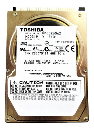 Disco Duro Sata Toshiba Mk8026gax 80gb 5400 Rpm 16 Mb
