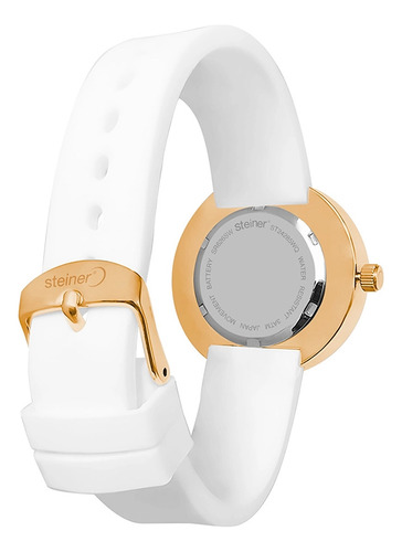 Reloj Para Mujer Números Romanos Steiner Con Fechador 37 Mm Correa Blanco Bisel Dorado Fondo Blanco