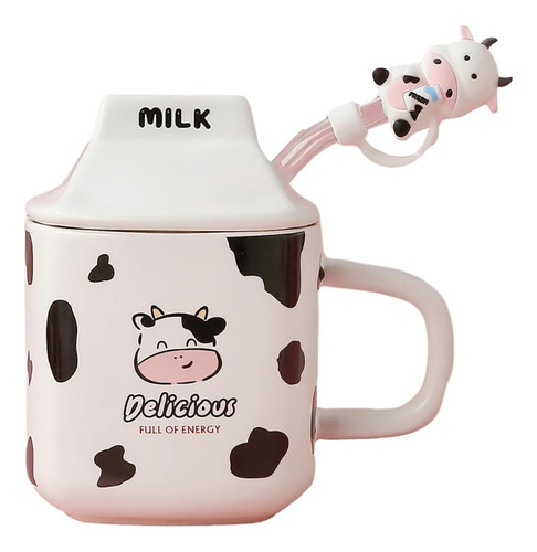 Taza Cerámica Milk Vaquita Con Popote Y Tapa 330ml