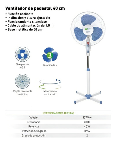 Ventilador De Pie Pedestal Oscilante De 16 Pulgadas 3 Aspas 40 Cm Blanco Azul Plástico 3
