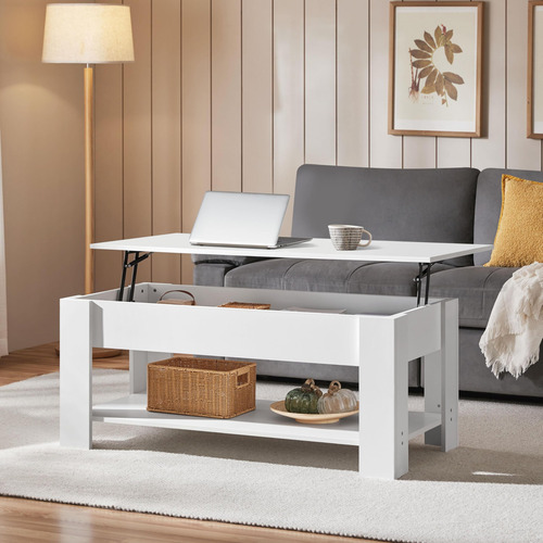 Mesa De Centro Elevable Con Compartimento Y Estante Blanco 1