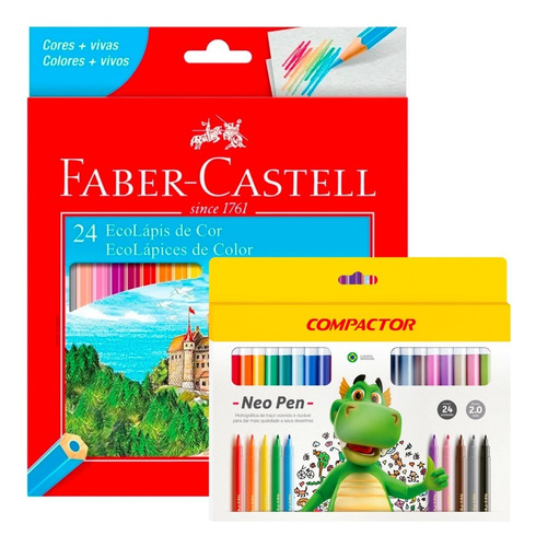 Kit Lápis De Cor Faber Castell 24 Cores + Canetinha 24 Cores