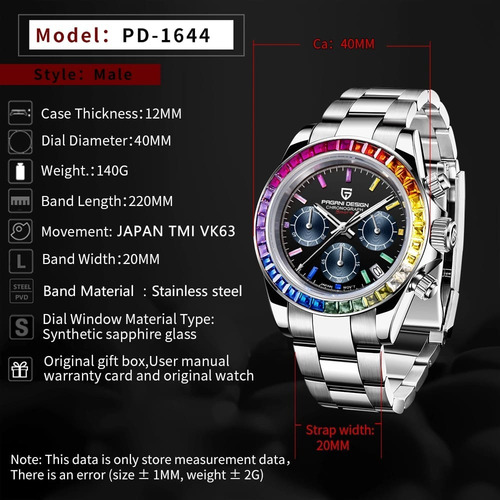 Reloj Pagani Design Daytona Arcoiris Cristales Cronografo Plateado Arcoíris Negro