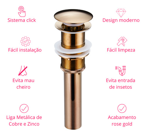 Valvula Ralo Click 6x6 Rose Gold Pia Lavatório - ivc03 Acabamento Brilhante