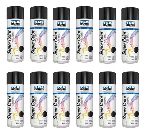 Tinta Spray Tek Bond Preto Fosco Uso Geral 350ml Kit Com 12