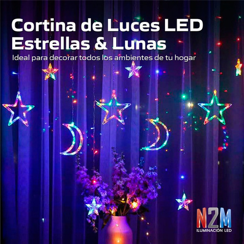 Imagen 5 de 10 de Cortina Led Estrellas Lunas Tira 3 Metros Multicolor 220v