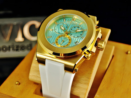 Relógio De Pulso Invicta 45244 Com Corria De Silicone Cor Branco - Fondo Azul-turquesa - Bisel Dourado